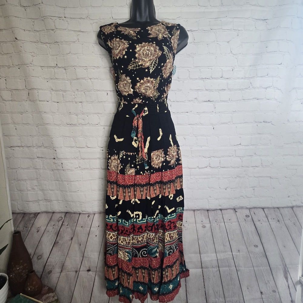 Carole Little Vintage Cheesecloth Gypsy Sleeveless Boho Maxi Dress L Back Cutout